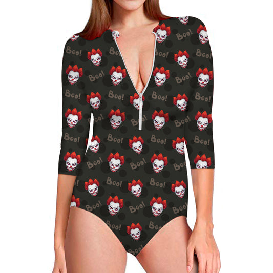 Evil Scary Clown Pattern Print Long Sleeve Swimsuit