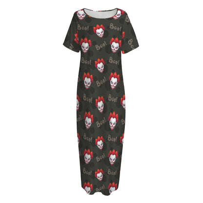 Evil Scary Clown Pattern Print Short Sleeve Long Nightdress
