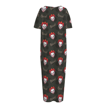 Evil Scary Clown Pattern Print Short Sleeve Long Nightdress