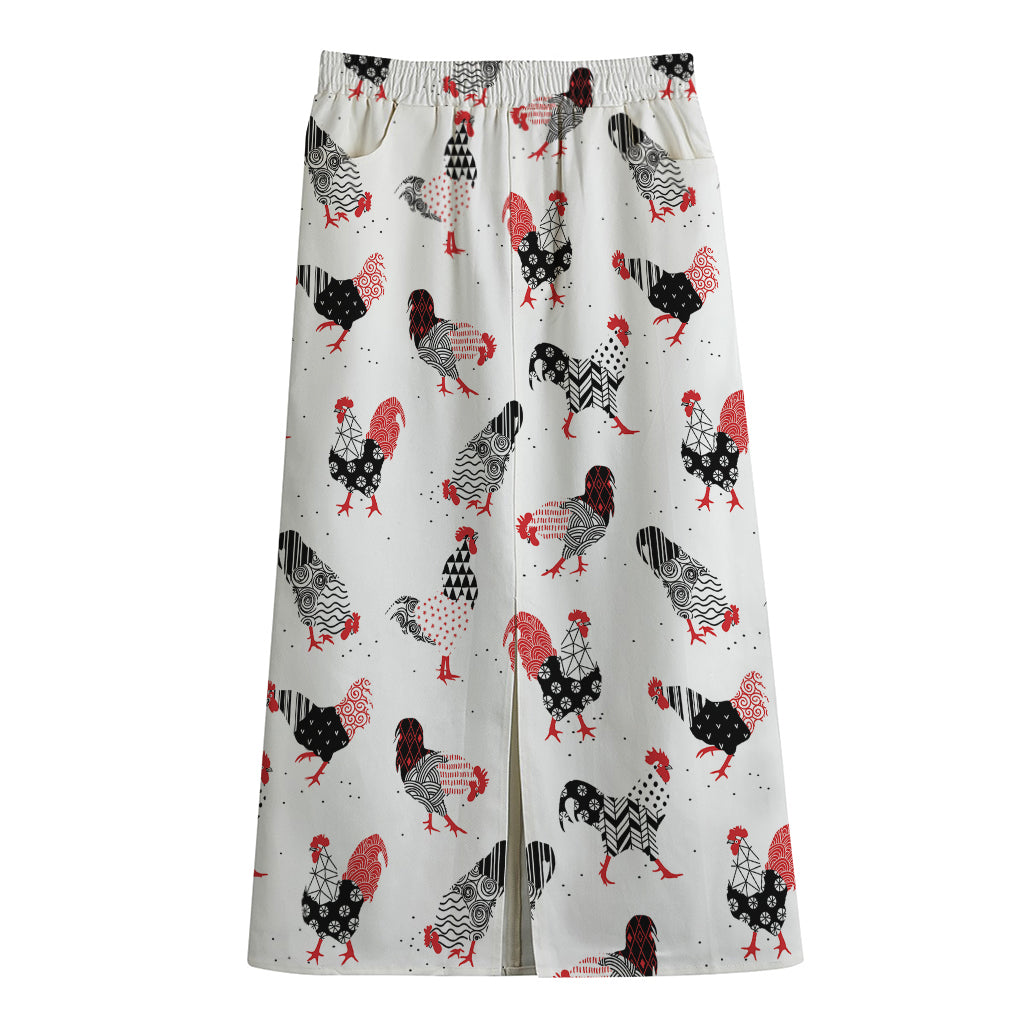 Exotic Chicken Pattern Print Cotton Front Slit Maxi Skirt