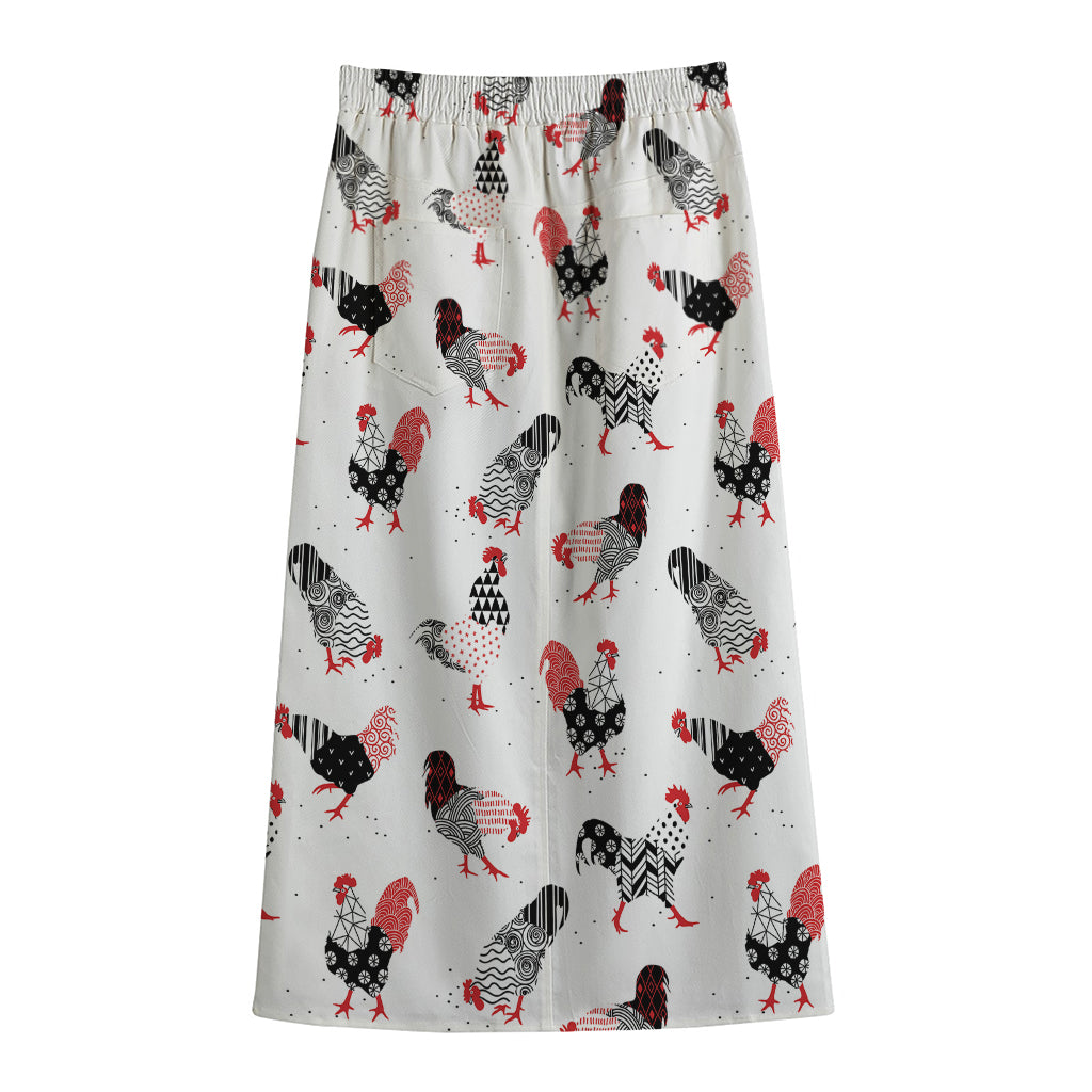 Exotic Chicken Pattern Print Cotton Front Slit Maxi Skirt