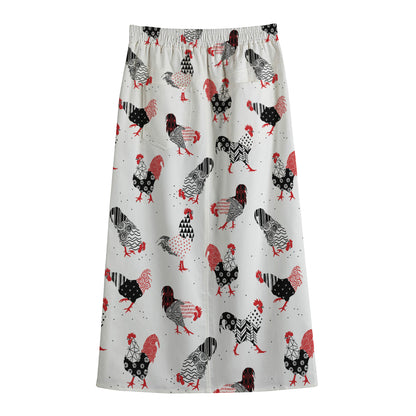 Exotic Chicken Pattern Print Cotton Front Slit Maxi Skirt