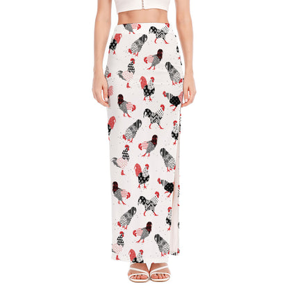 Exotic Chicken Pattern Print High Slit Maxi Skirt