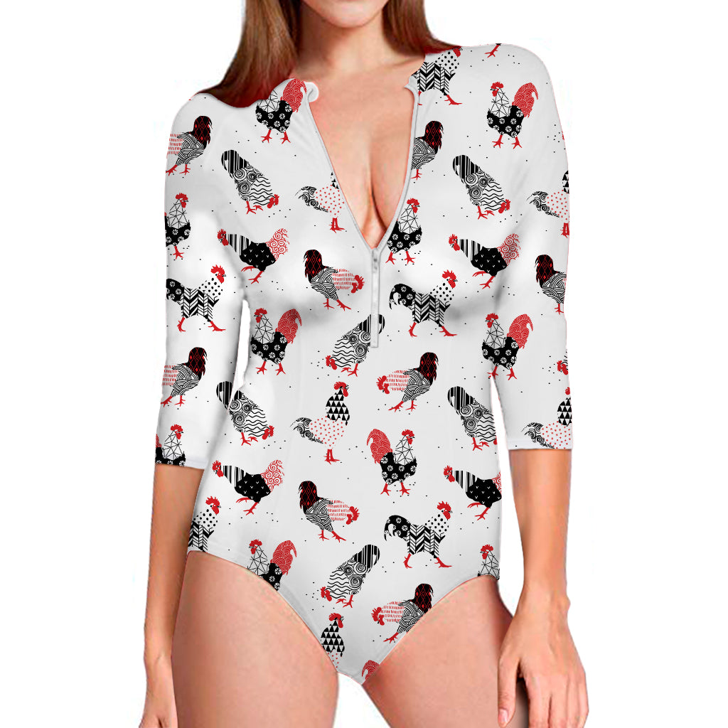 Exotic Chicken Pattern Print Long Sleeve Swimsuit