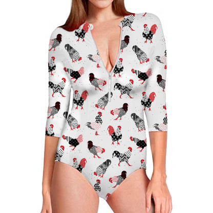 Exotic Chicken Pattern Print Long Sleeve Swimsuit