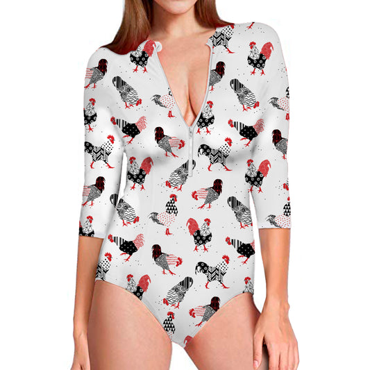 Exotic Chicken Pattern Print Long Sleeve Swimsuit