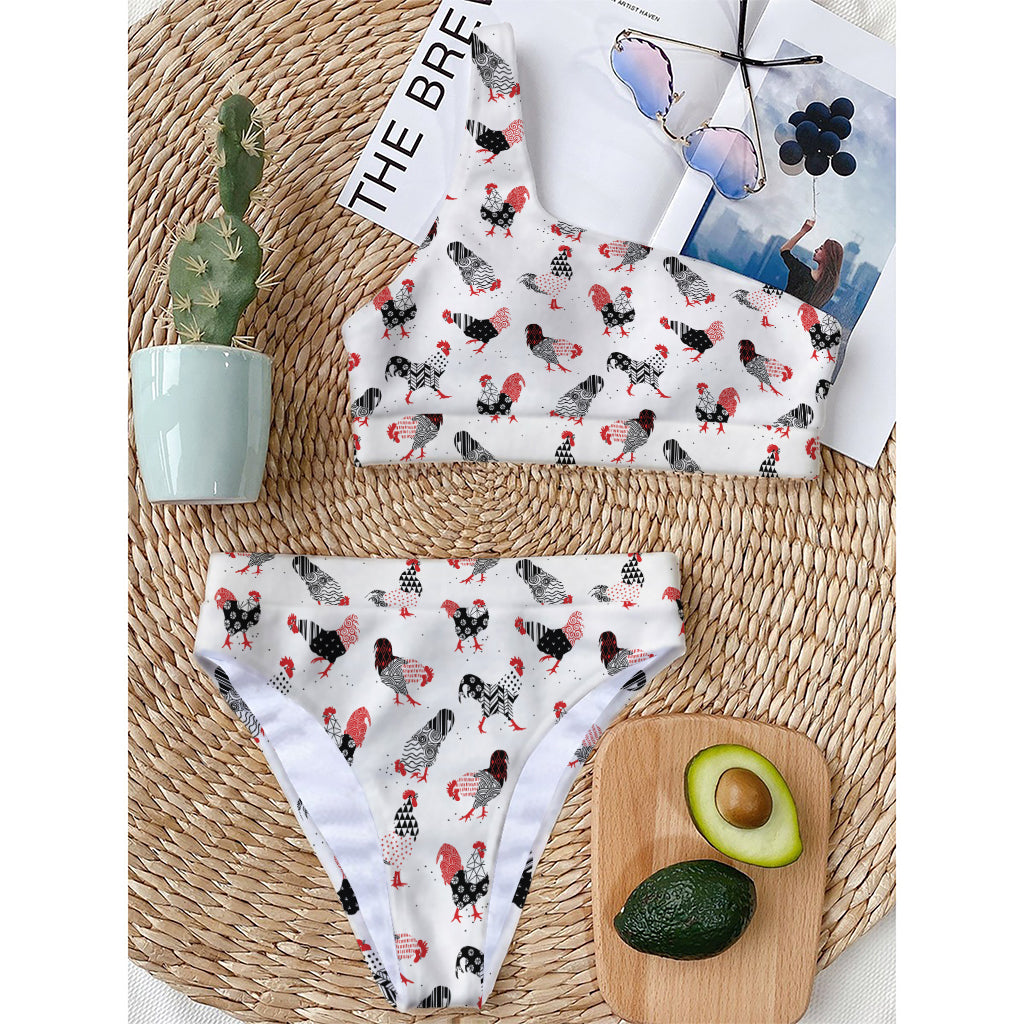 Exotic Chicken Pattern Print One Shoulder Bikini Top