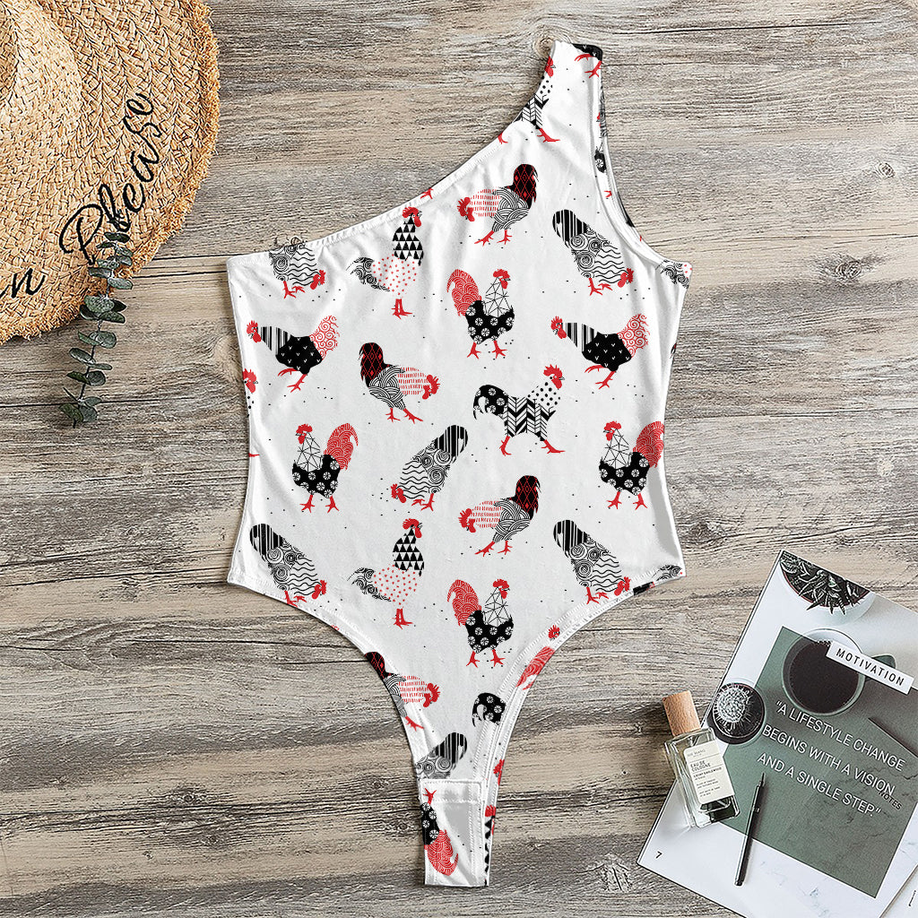 Exotic Chicken Pattern Print One Shoulder Bodysuit