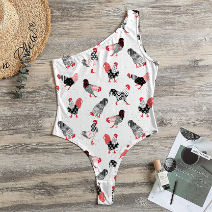 Exotic Chicken Pattern Print One Shoulder Bodysuit