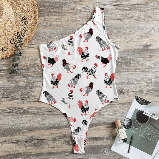 Exotic Chicken Pattern Print One Shoulder Bodysuit