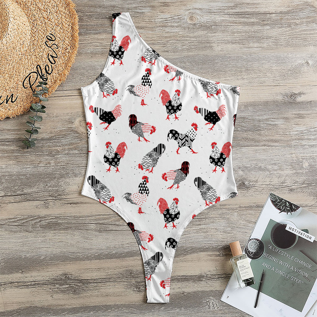 Exotic Chicken Pattern Print One Shoulder Bodysuit