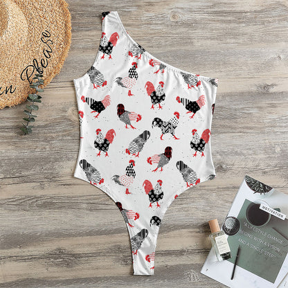 Exotic Chicken Pattern Print One Shoulder Bodysuit