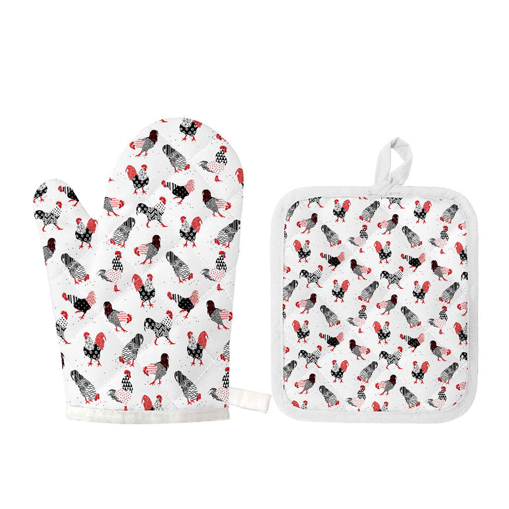 Exotic Chicken Pattern Print Oven Mitt And Pot Holder Set