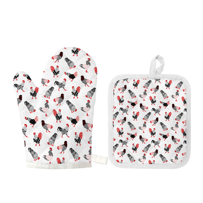Exotic Chicken Pattern Print Oven Mitt And Pot Holder Set