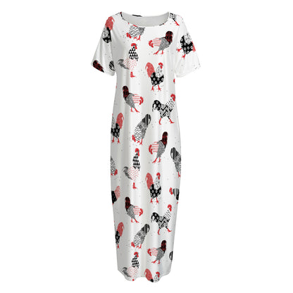 Exotic Chicken Pattern Print Short Sleeve Long Nightdress