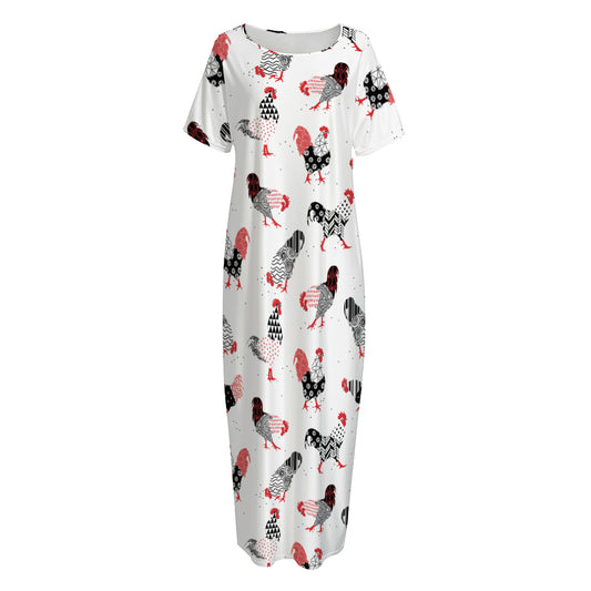 Exotic Chicken Pattern Print Short Sleeve Long Nightdress