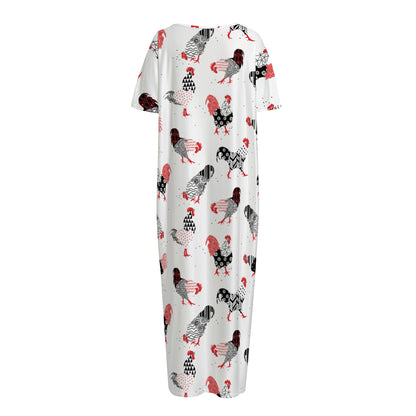 Exotic Chicken Pattern Print Short Sleeve Long Nightdress