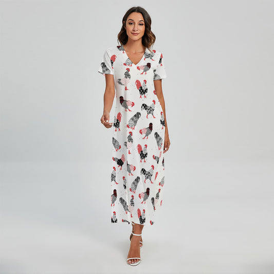 Exotic Chicken Pattern Print Short Sleeve Maxi Dress