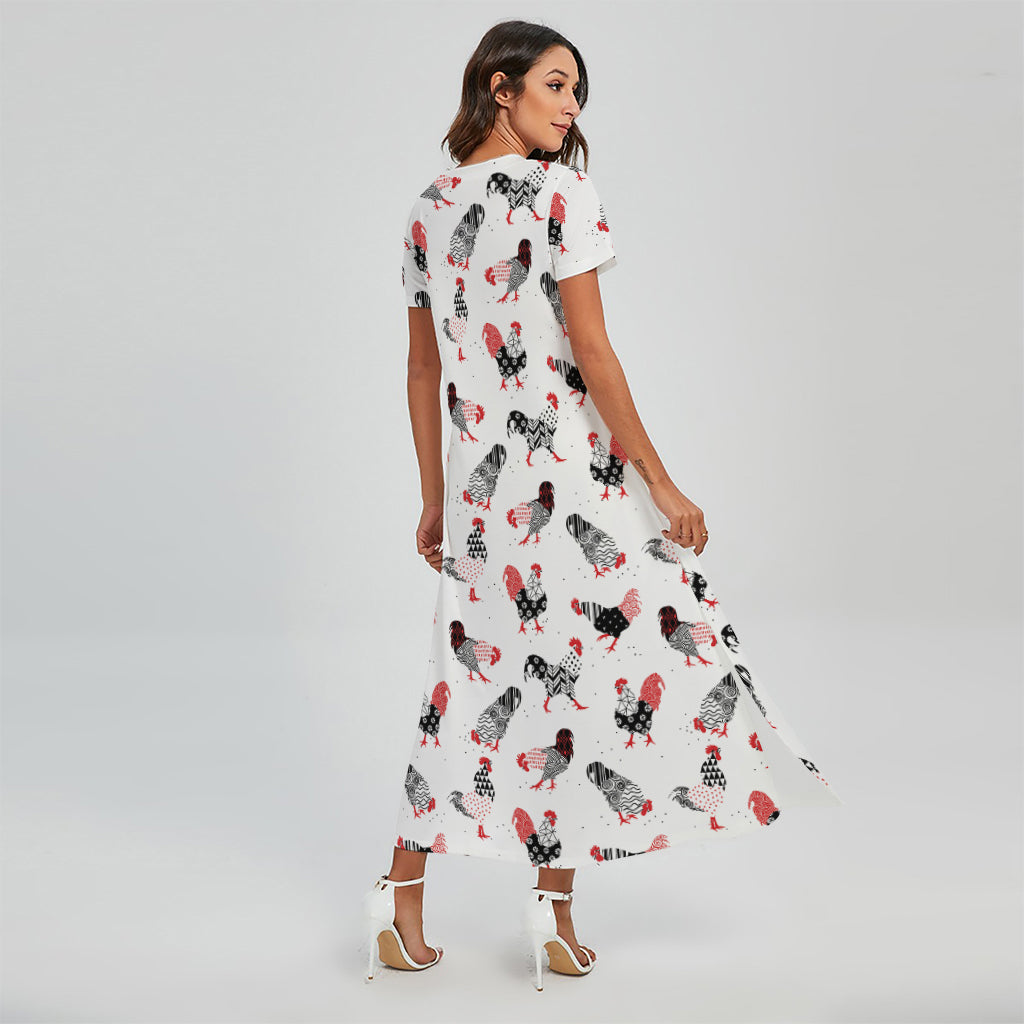 Exotic Chicken Pattern Print Short Sleeve Maxi Dress