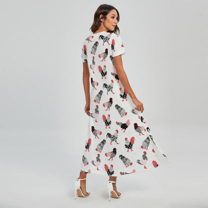 Exotic Chicken Pattern Print Short Sleeve Maxi Dress