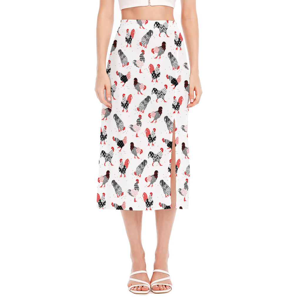 Exotic Chicken Pattern Print Side Slit Midi Skirt