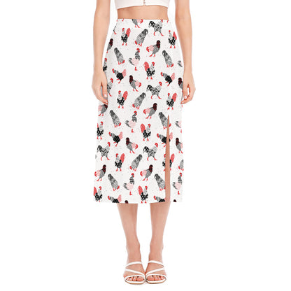 Exotic Chicken Pattern Print Side Slit Midi Skirt