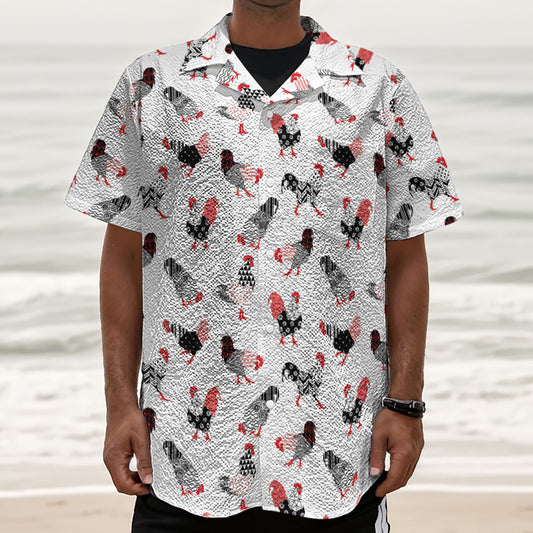 Exotic Chicken Pattern Print Textured Short Sleeve Shirt
