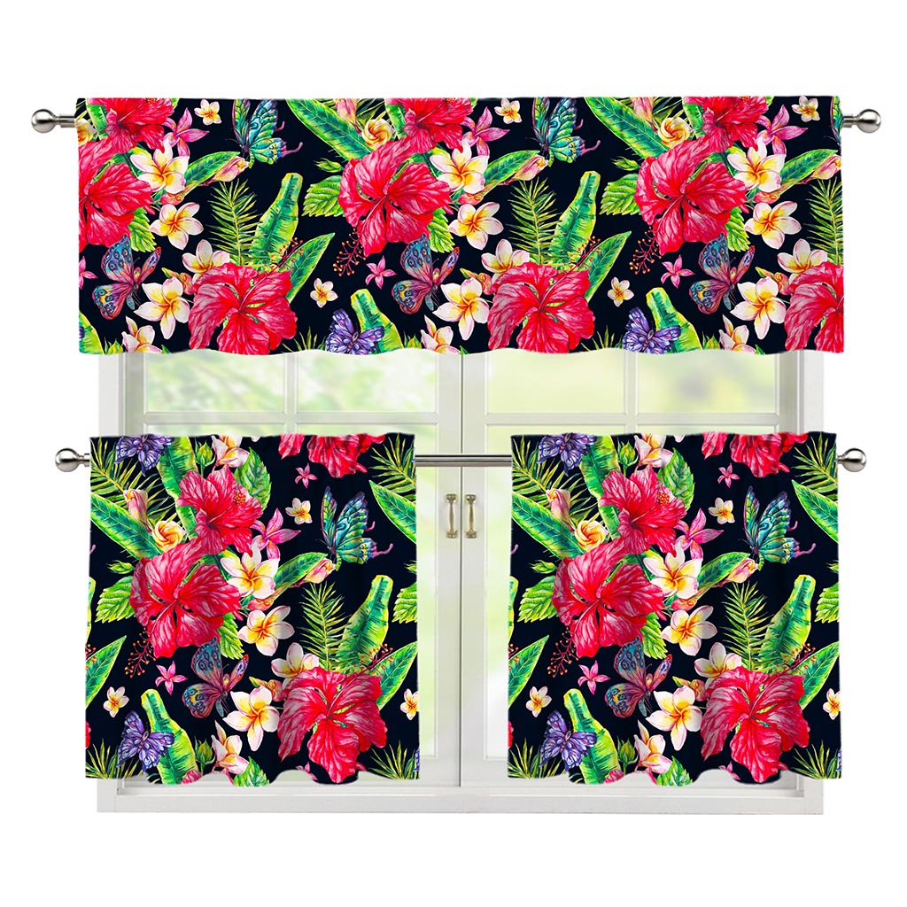 Exotic Hibiscus Flowers Pattern Print 3 Piece Kitchen Curtains