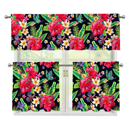 Exotic Hibiscus Flowers Pattern Print 3 Piece Kitchen Curtains