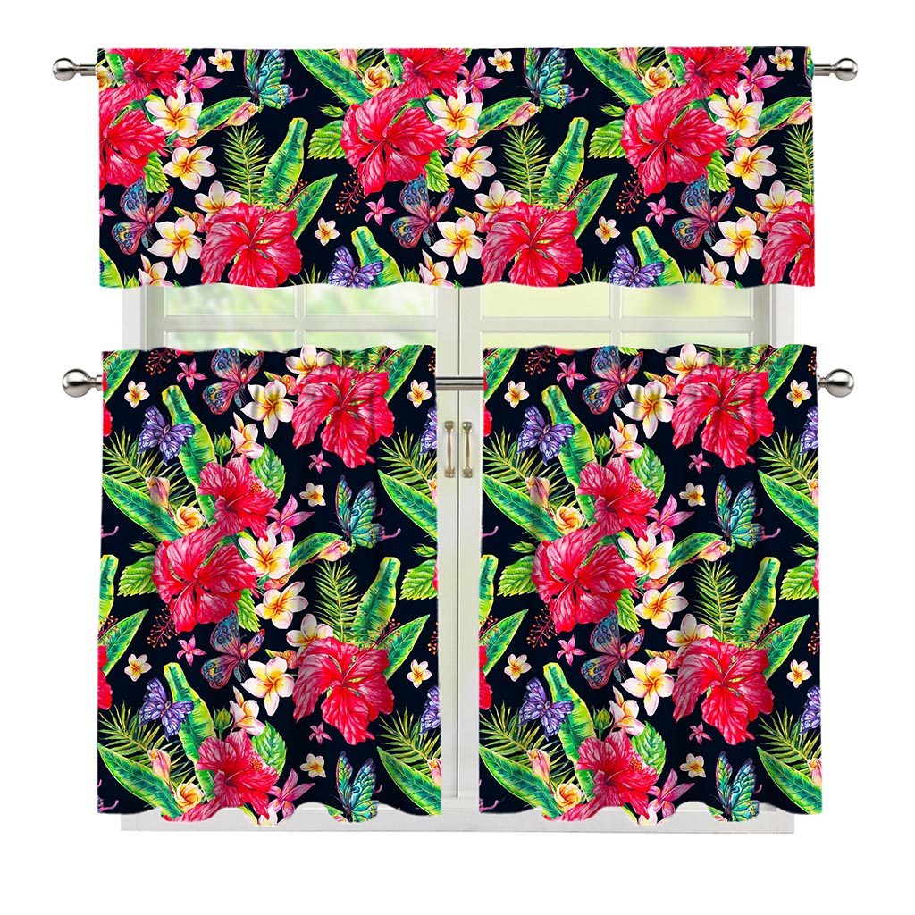 Exotic Hibiscus Flowers Pattern Print 3 Piece Kitchen Curtains