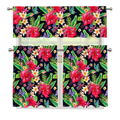 Exotic Hibiscus Flowers Pattern Print 3 Piece Kitchen Curtains