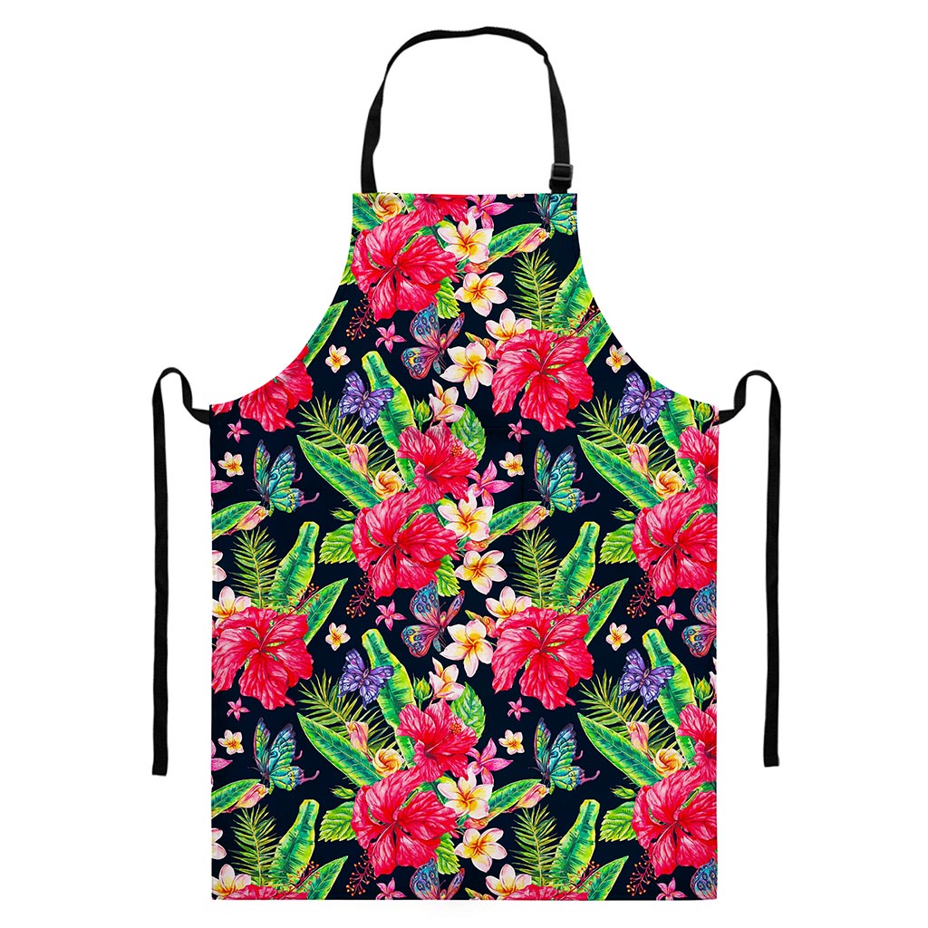 Exotic Hibiscus Flowers Pattern Print Bib Apron With Pocket
