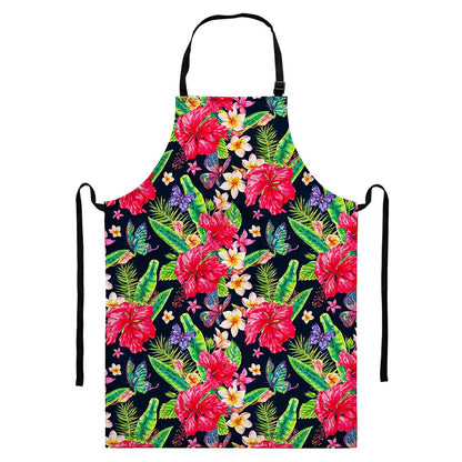 Exotic Hibiscus Flowers Pattern Print Bib Apron With Pocket