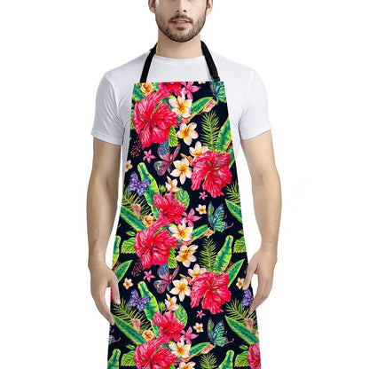 Exotic Hibiscus Flowers Pattern Print Bib Apron With Pocket