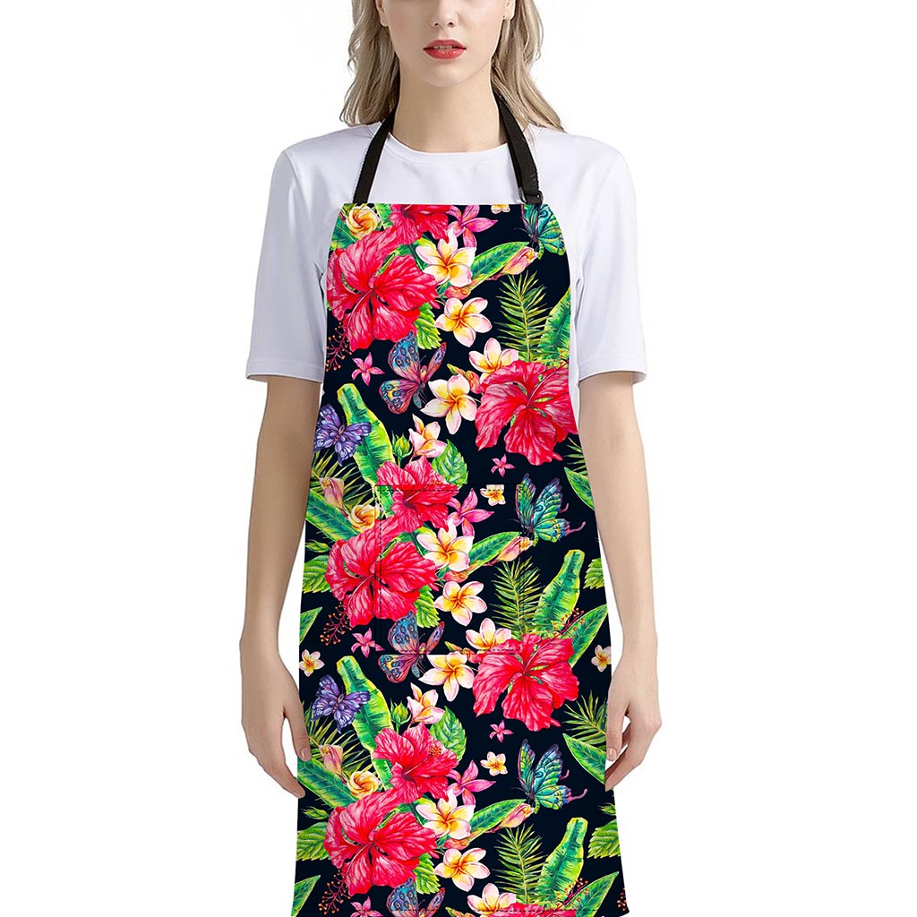 Exotic Hibiscus Flowers Pattern Print Bib Apron With Pocket