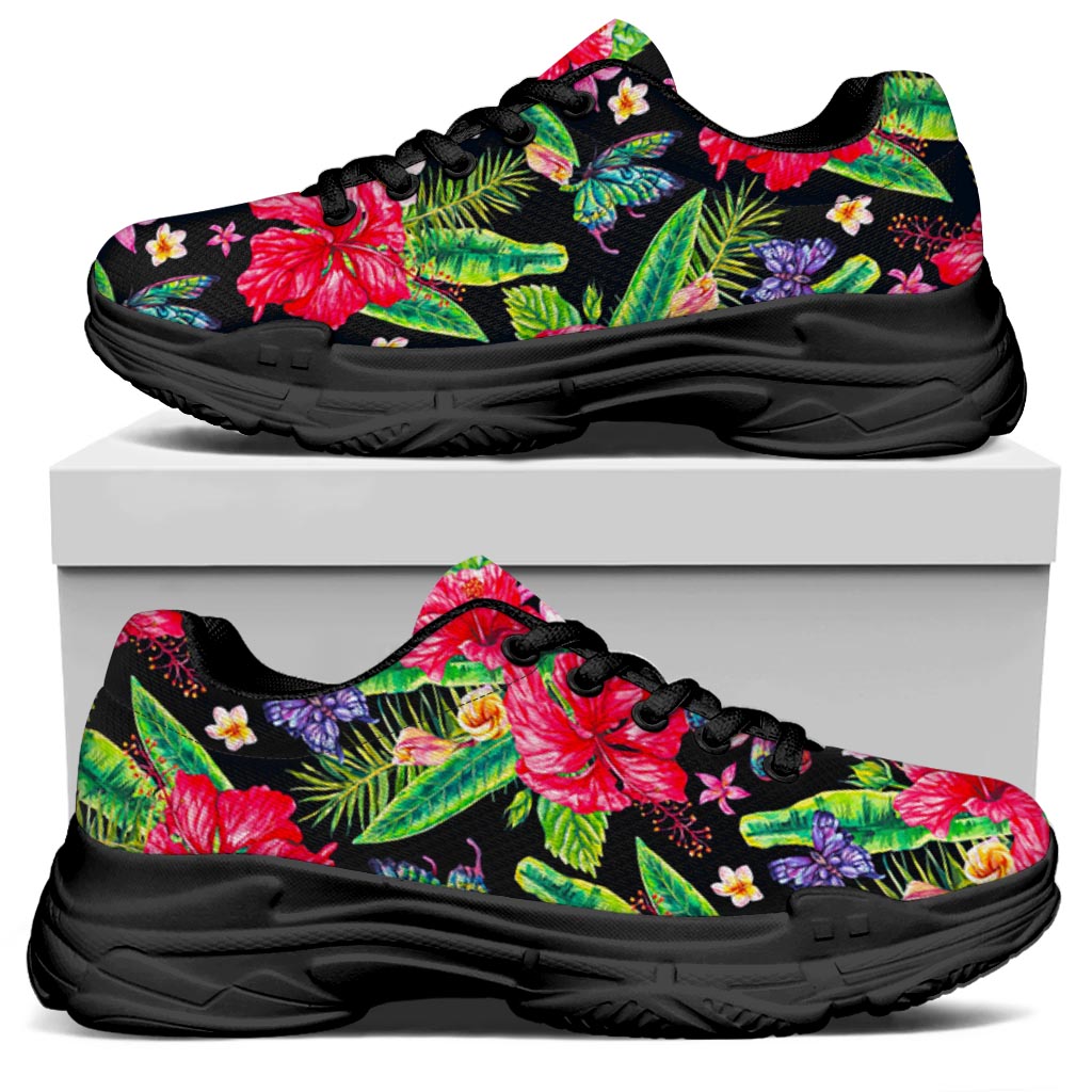 Exotic Hibiscus Flowers Pattern Print Black Chunky Shoes