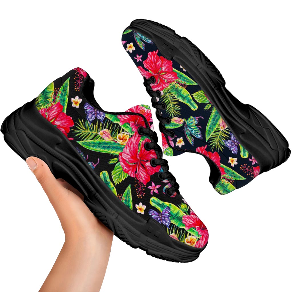 Exotic Hibiscus Flowers Pattern Print Black Chunky Shoes