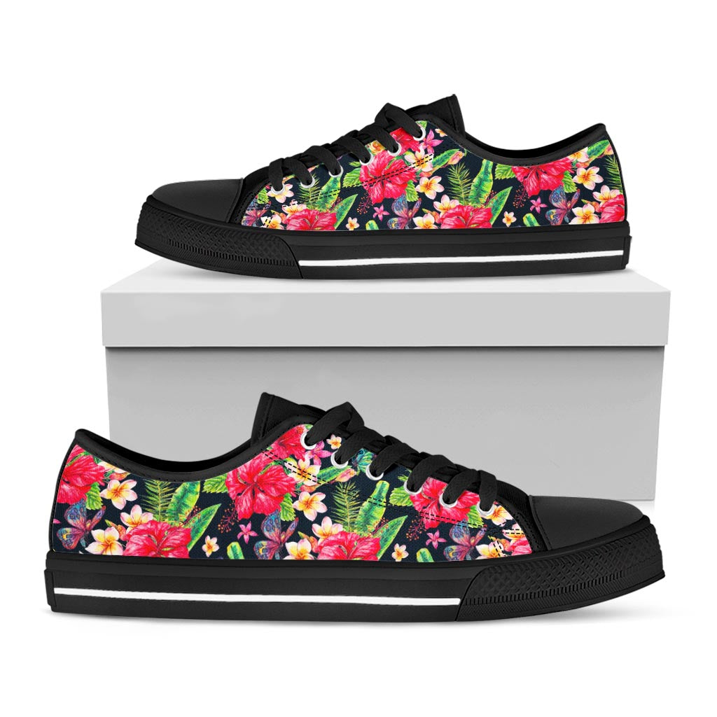 Exotic Hibiscus Flowers Pattern Print Black Low Top Sneakers