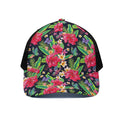 Exotic Hibiscus Flowers Pattern Print Black Mesh Trucker Hat
