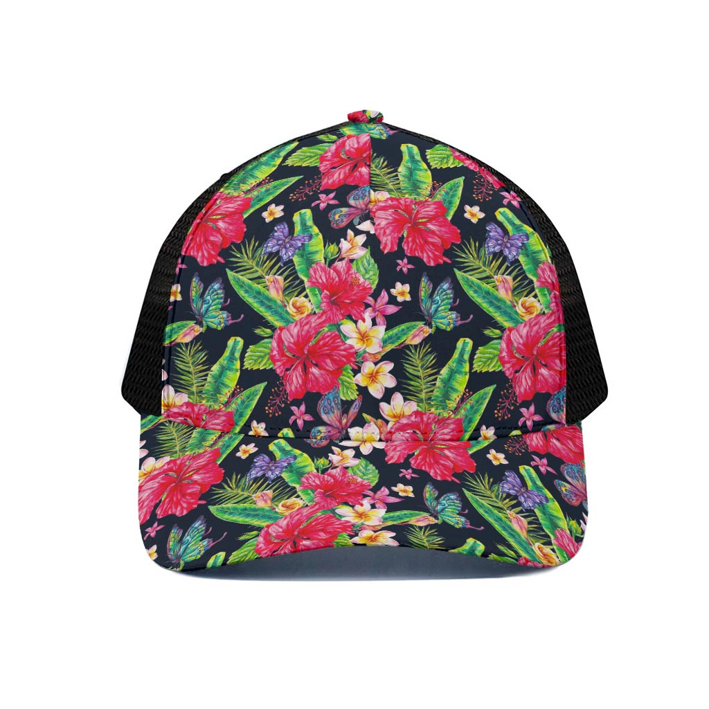 Exotic Hibiscus Flowers Pattern Print Black Mesh Trucker Cap
