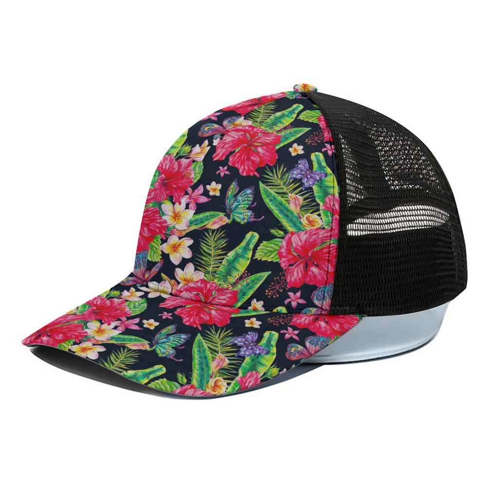 Exotic Hibiscus Flowers Pattern Print Black Mesh Trucker Cap
