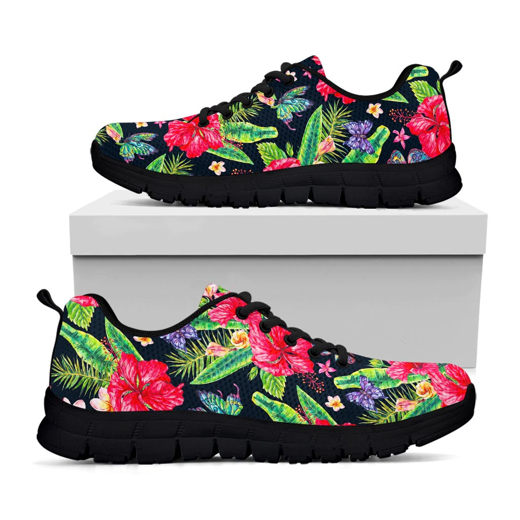 Exotic Hibiscus Flowers Pattern Print Black Running Shoes