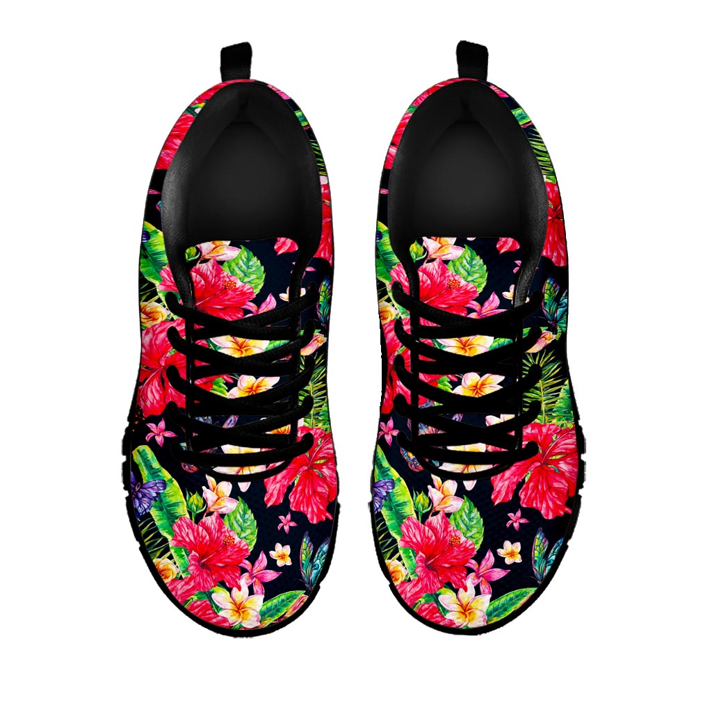 Exotic Hibiscus Flowers Pattern Print Black Running Shoes