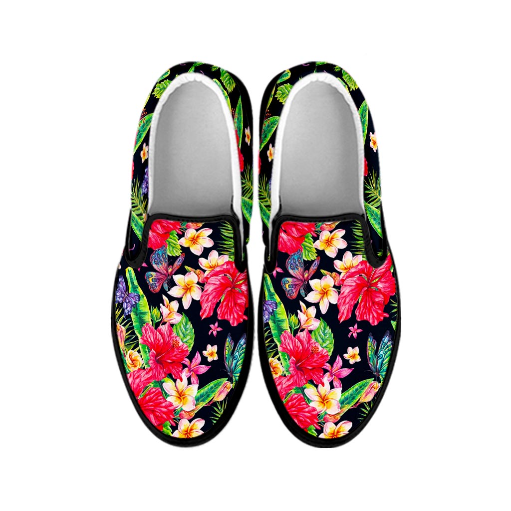 Exotic Hibiscus Flowers Pattern Print Black Slip On Sneakers