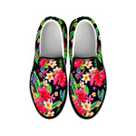 Exotic Hibiscus Flowers Pattern Print Black Slip On Sneakers