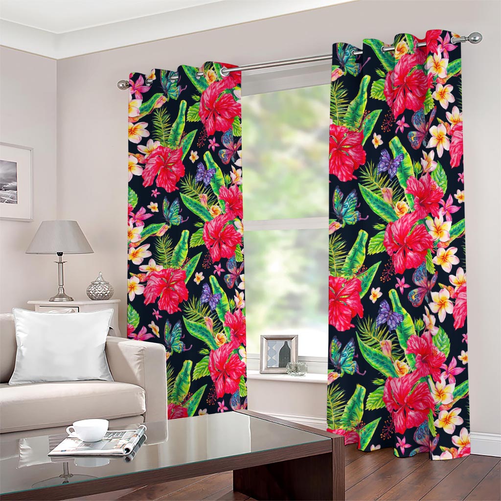 Exotic Hibiscus Flowers Pattern Print Blackout Grommet Curtains