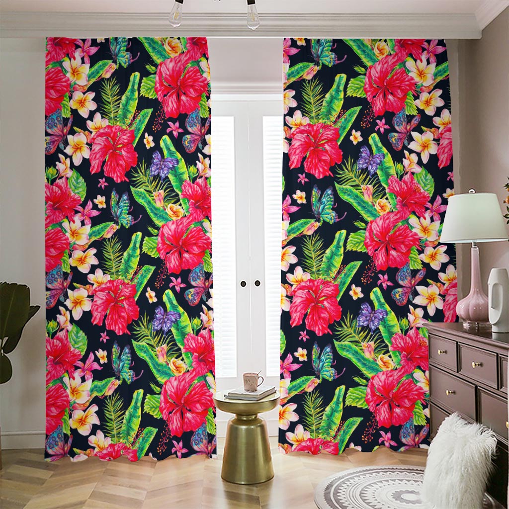 Exotic Hibiscus Flowers Pattern Print Blackout Pencil Pleat Curtains