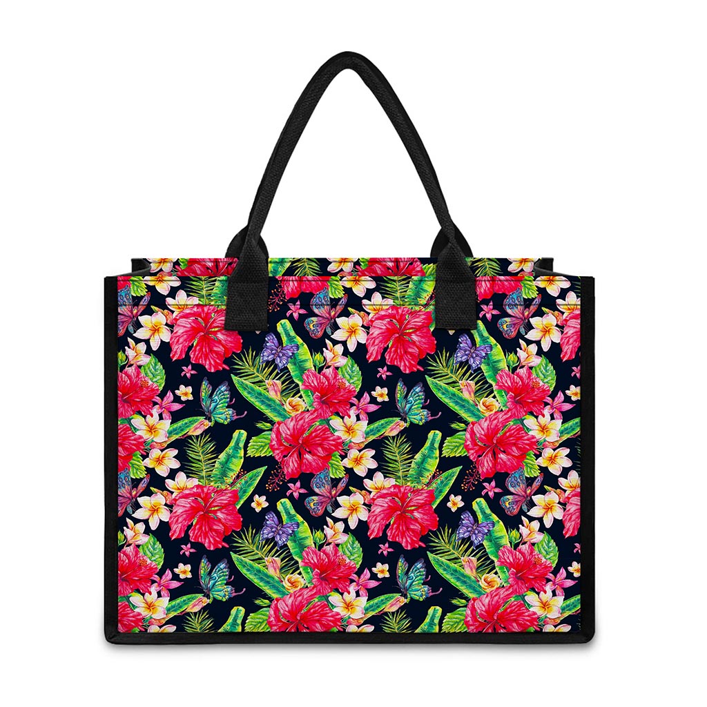 Exotic Hibiscus Flowers Pattern Print Canvas Tote Bag
