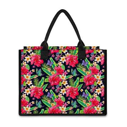 Exotic Hibiscus Flowers Pattern Print Canvas Tote Bag