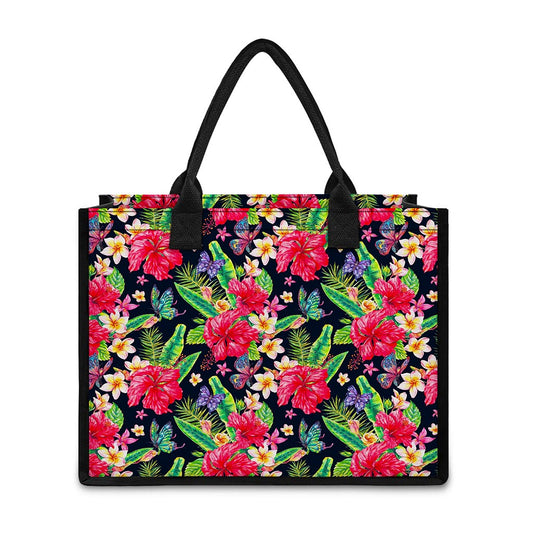 Exotic Hibiscus Flowers Pattern Print Canvas Tote Bag